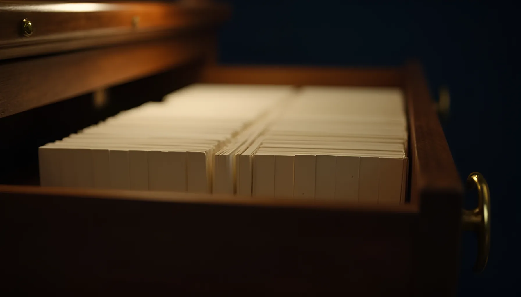 짙은 남색 벽 앞에서 나무 서랍이 열려 있고, 글자가 없는 미색 카드가 세로로 촘촘히 꽂힌 채 안쪽 어둠으로 이어진다